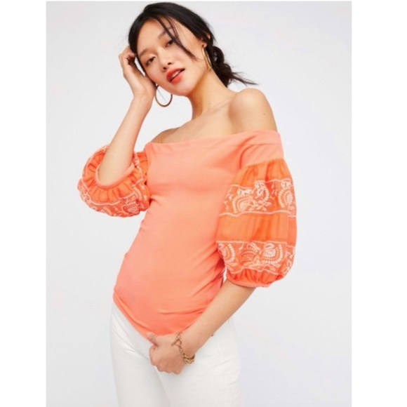 ✨HP✨Free People Rock With It Off Orange Shoulder Top L - Picture 2 of 9